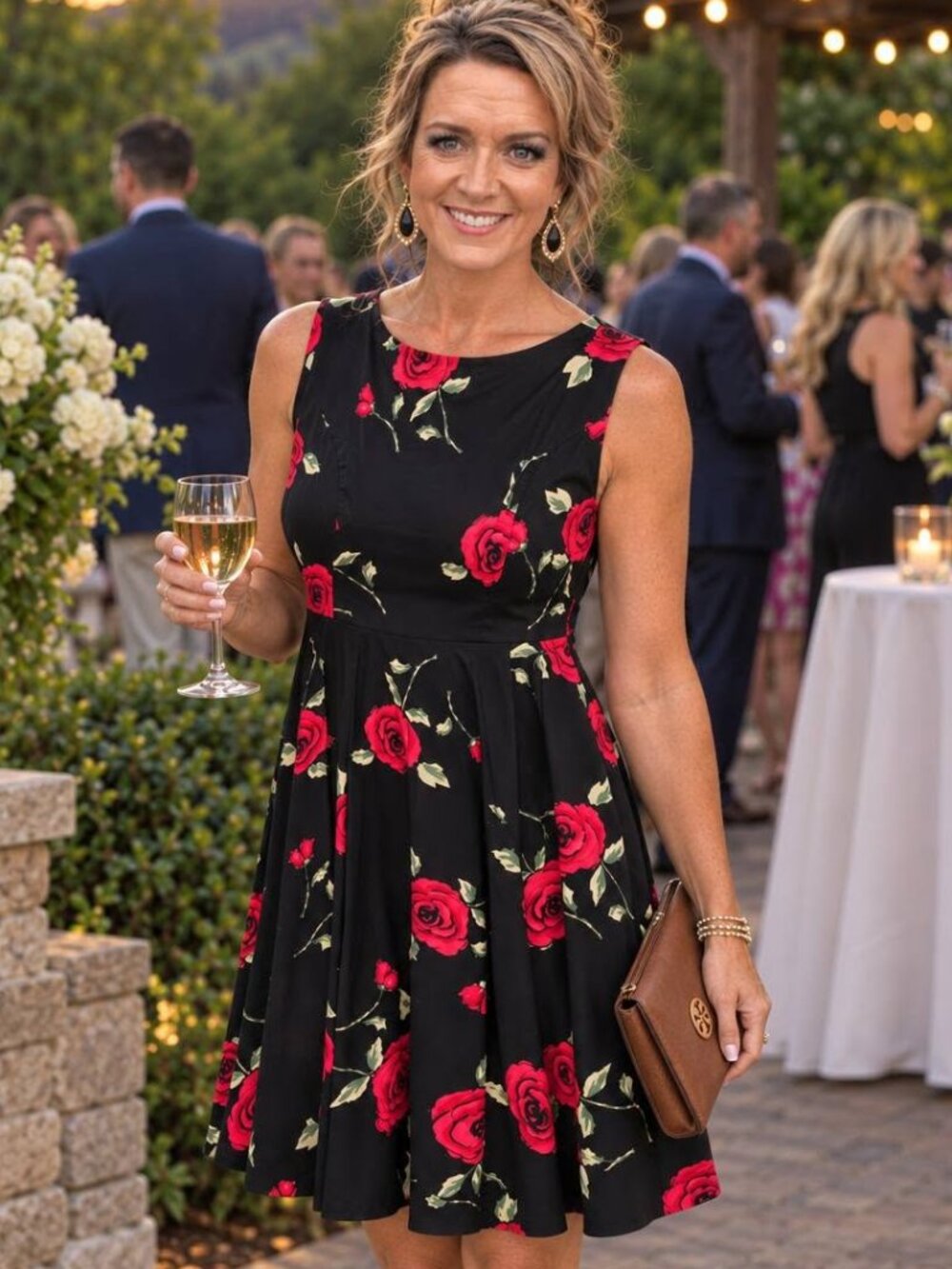 Grace Karin Black Red Rose Floral Fit & Flare Dress XL Like New